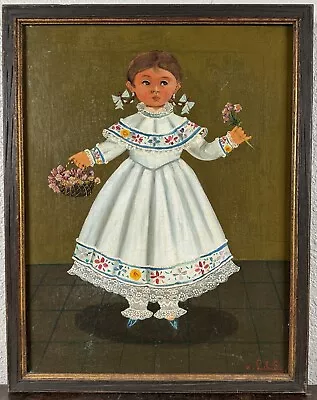 Vintage Oil Painting Girl Portrait Agapito Labios Mexican Folk Art Mid Century • $1100