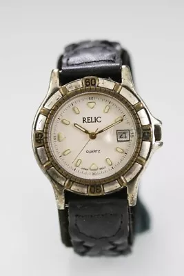 Relic Watch Men Stainless Silver Gold Steel WR Black Leather Date Cream Quartz • $34.95