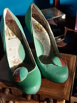 Miss L Fire Shoes Green Retro 1940's Style Wedges Perspex Heel Size 5 • £38