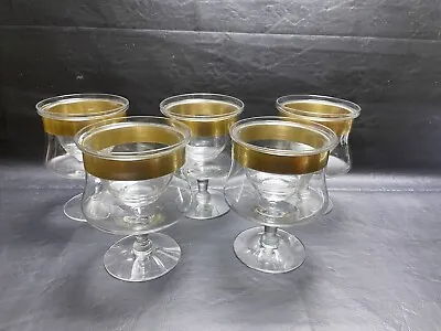 Vintage Shrimp Cocktail Glasses & Ice Liners Gold Trim Set Of 5 • $54.32