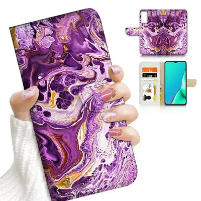 $13.99 • Buy ( For Oppo A57 / A57S ) Wallet Flip Case Cover AJ23647 Purple Crystal Marble