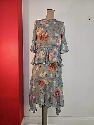 ZIMMERMANN Silk Blend Dress Blue Floral Crochet Details Size 0 • $179