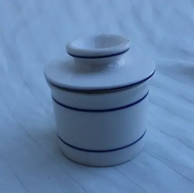 Vintage Butter Bell Ceramic Stoneware Keeper Crock White Blue Mini 2.5  Dish • $24