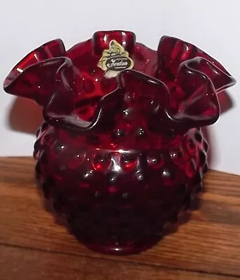 Ruby Red Glass Fenton Hobnail Glass Vase W/sticker Ruffled Rim   4 1/2  • $5.99