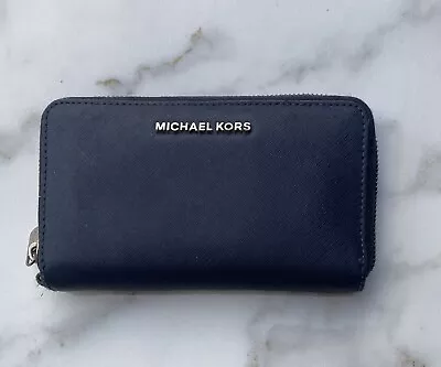 Michael Kors  Jet Set Continental Navy Saffiano Leather Large Zip Around Wallet • $38