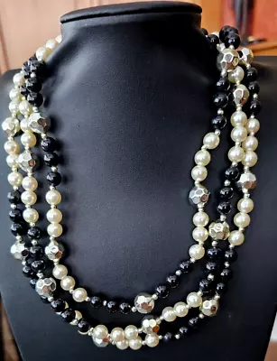 Vintage Black Faux Pearl And Metal Beaded Long Necklace  36  • $3