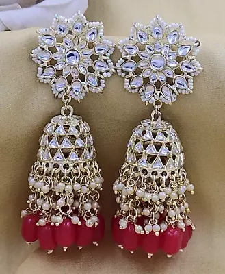 Gold Plated Bollywood Indian Kundan Big Jhumka Red Earrings Jewelry Set • $39.99