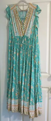 Boho Australia Stunning Maxi Dress Green Tangerine Drawstring Waist Sz L 16 18 • $34.99