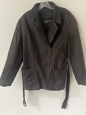 Wilson’s Unisex Brown Distressed Belted Zip Moto Large Vintage Leather Jacket • $38