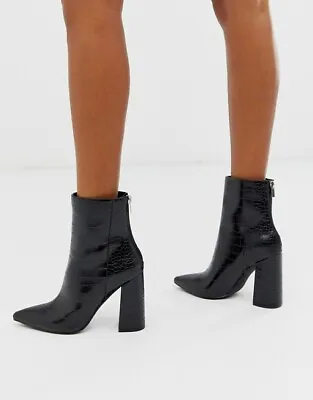 New London Rebel Black Croc Pointed Toe Block Heel Ankle Boots Stylish Look Uk 5 • £35