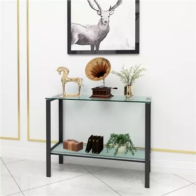 Double Layer Tempered Glass Console Table Rectangular Porch Tea Table Black Leg • $72.98