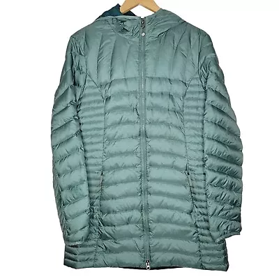 Eddie Bauer Women's Large Green Down Puffer Parka Jacket Hooded Long Full Zip L • $59.99