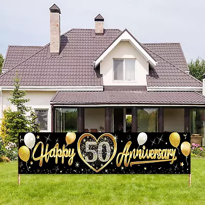 50Th Wedding Anniversary Banner Decorations Black Gold 50Th Anniversary Sign Pa • $21.58