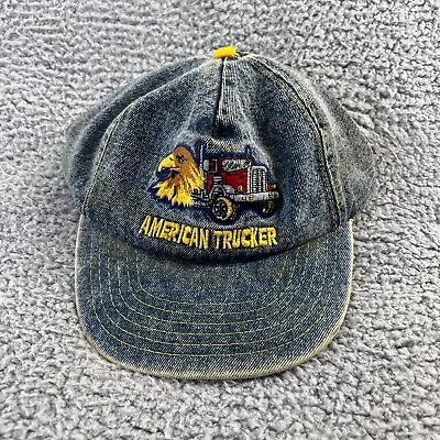 Vintage American Trucker Denim Snapback Hat Blue Yellow Embroidered Strap 90s • $17.38