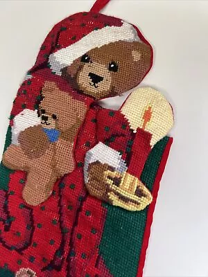 Vintage Needlepoint Teddy Bear Christmas Stocking Red Velvet 19 X 12  • $20