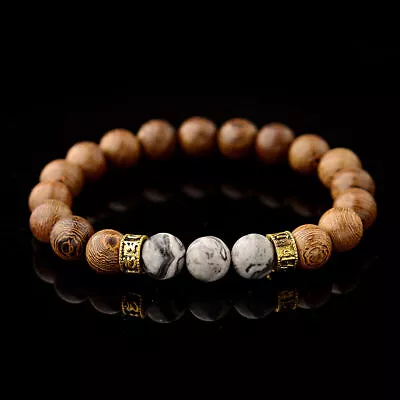 Sanskrit Tibetan Bracelets Natural 10Mm Wooden Mapstone Beads Bracelet Men Women • $1.99