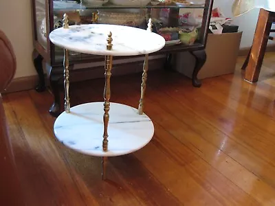 $50 • Buy VINTAGE 1970's 2 TIER  ROUND WHITE MARBLE & BRASS SIDE TABLE