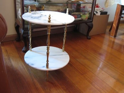 $50 • Buy VINTAGE 1970's 2 TIER  ROUND WHITE MARBLE & BRASS SIDE TABLE