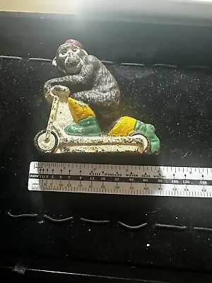 Cast Iron Hubley Monkey On A Scooter Coin Bank Fez Vespa Piggy Antique Vintage • $3