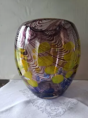 Vtg Big Art Glass VASE Italy Murano Glass Purple Pulled Feather Yellow Blue Dot • $99.95