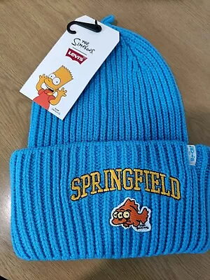 Levis X The Simpsons Oversized Knit Beanie Blue Springfield Fish Blinky Logo NWT • £30