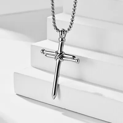 Men Women Jesus Nail Rope Cross Pendant Necklace Stainless Steel Chain Silver • $10