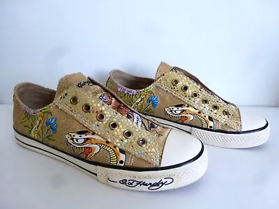Ed Hardy  Yellow Slip On Laceless Sneakers Serpent In The Garden US 7 • £77.11