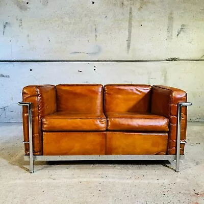 Vintage Le Corbusier Style 2 Seat Sofa Tubular Chrome Frame & Tan Leather #139A • £1395