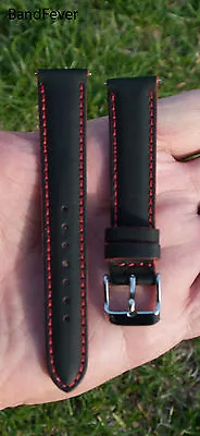 18mm Black Genuine Leather Red Stitch Interchangeable EZ-PIN Watch Band Strap • $13.25