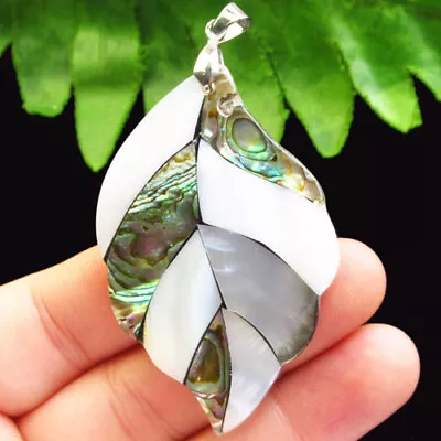 H03523 Natural Rainbow Abalone Shell Leaf Pendant Bead 58x37x4mm • $0.01
