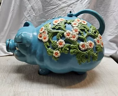 Vintage Kitsch Giant Piggy Bank Universal Statuary 1976 Blue W/White Flowers  • $107.74