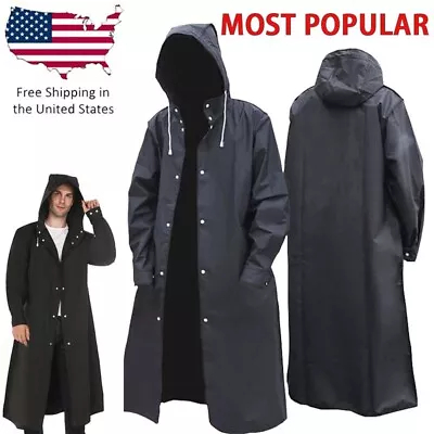 Black Waterproof Long Men Raincoat Rain Coat Hooded Trench Jacket Hiking NEW • $19.99