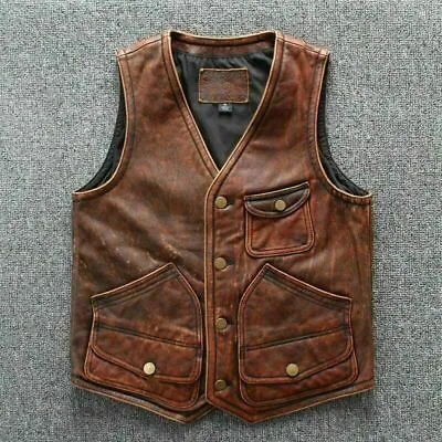 Men's Biker Vintage Tan Brown Vintage Real Leather Motorcycle Vest Jacket • $28