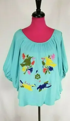 $19 • Buy VTG Va Va By Joy Han Knit Top Size S Womens Turquoise Floral Birds Embroidered 