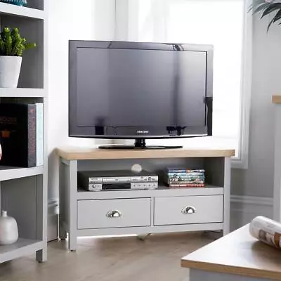 Grey Oak Corner TV Stand Two Tone 1 Drawer Cabinet Television Unit Cable Tidy • £59.99