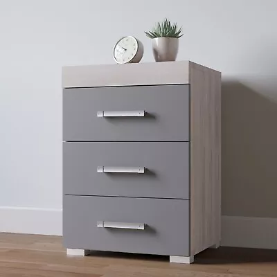 3 Drawer Grey & Grey Oak Bedside Cabinet Table 3 Draw Chest Bedroom Furniture • £52.95