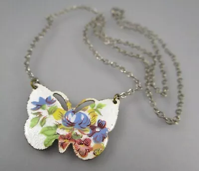 Vintage Enamel Style Butterfly W Flowers Pendant Chain 16  Choker Necklace 6215 • $9.99