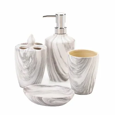 Home Bathroom Decor 4-piece Marble-printed Bath Accessory Set Porcelain • £32.75