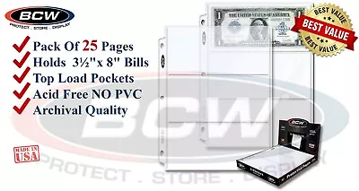 25 BCW 3 Pocket Pages For US Banknote Bills NO PVC Safe Storage For 3 Ring Album • $12.90