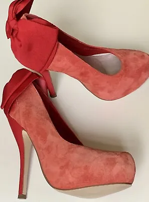 Carvela Jade Red Suede High Heels Court Shoe UK 5 EU 38 Kurt Geiger Stiletto Bow • £13.99