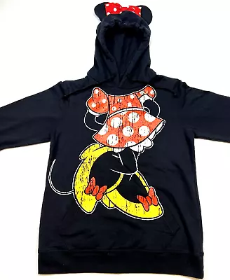 Disney Women's Large Minnie Mouse Ears Hoodie Drawstring Pocket Bowtie Camp Hike • $14.97