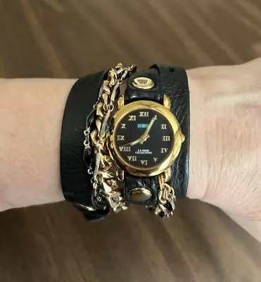 La Mer Collections Womens Chain Wrap Watch Black Leather Goldtone Wristwatch • $15