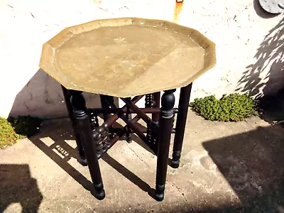 Antique Middle Eastern Folding Table Carved Wood Base & Engraved Brass Tray Top • $112.43