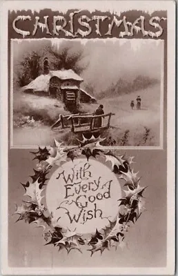 Vintage CHRISTMAS Gel Postcard  With Every Good Wish  House Scene 1908 Cancel • $4.50