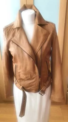 MASSIMO DUTTI Ladies Tan Beautiful Soft Leather Jacket Biker Worn Once Size M • £65