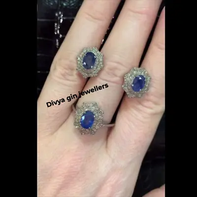 Sapphire Gemstone Ring Earring Set Pave Diamond 925 Sterling Silver Jewelry Set • $130.99