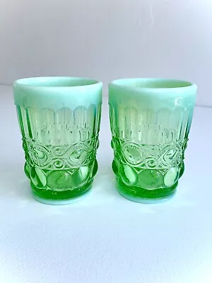 2 Discontinued MOSSER GLASS EYE WINKER GREEN Opal OPALESCENT TUMBLERS SET OF TWO • $39