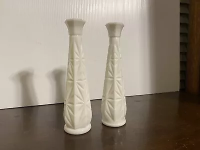 VINTAGE ! Anchor Hocking | Milk Glass Bud Vase | Stars Bars | 9” Tall Set Of 2 • $11.99