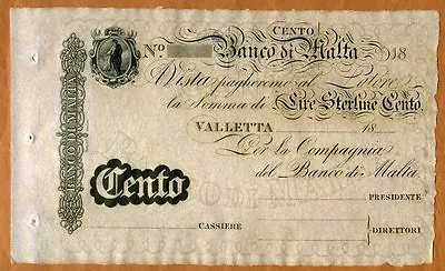 Malta Banco Di Malta 100 Lire 18xx (ca 1886) P-S165 UNC Rare Remainder • $174.79