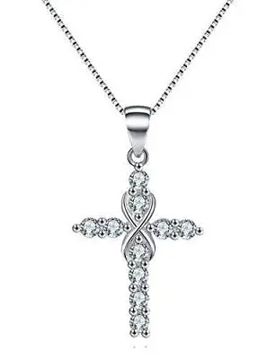 925 Sterling Silver CZ Infinity Cross Necklace Silver Pendant Women Jewelry • $8.99